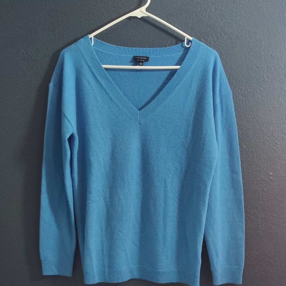 Talbots Pure Cashmere Sky Blue V-Neck Sweater